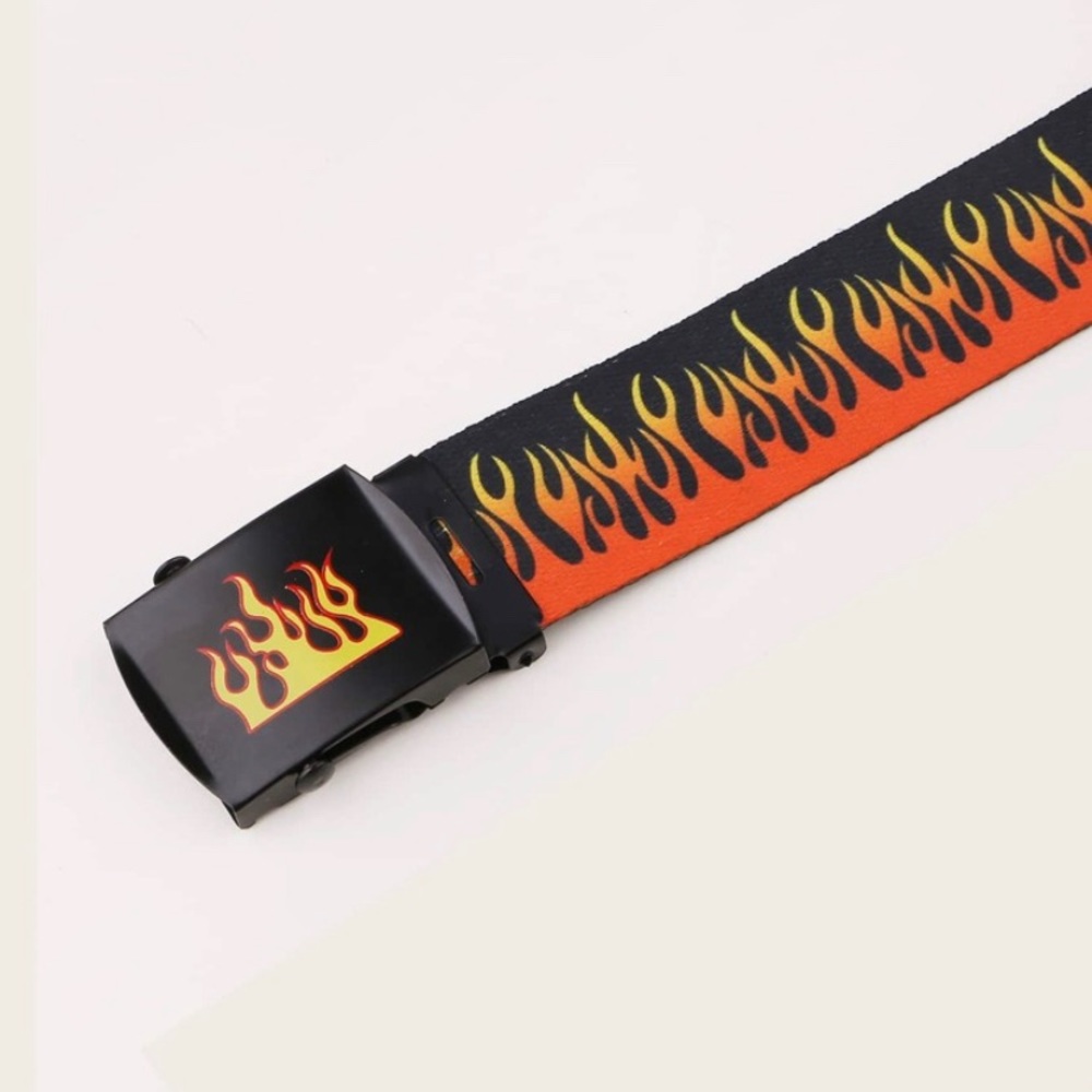 Black Tape belt with flames on buckle and belt.